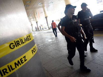 Security officials patrol outside Ataturk Airport in Istanbul on Wednesday.