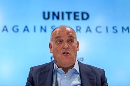 President of Spanish soccer league La Liga, Javier Tebas, speaks during a press conference in Madrid, Spain, Thursday, May 25, 2023.