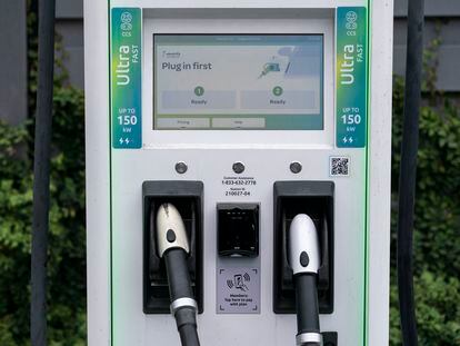 A charging station with Combined Charging System (CCS) plugs is seen in Anaheim, Calif., Friday, June 9, 2023.