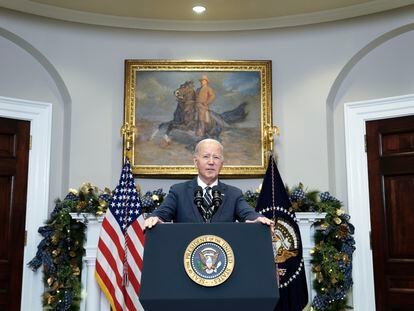US President Joe Biden urges Congress to pass his national security supplemental request, including funding to support Ukraine, at the White House in Washington, DC, December 06 2023.