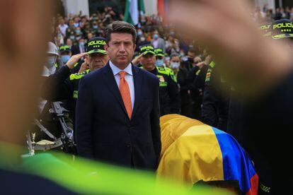 Former Defense Minister Diego Molano at the funeral of police officers killed in the line of duty; Bogotá; July 29, 2022.