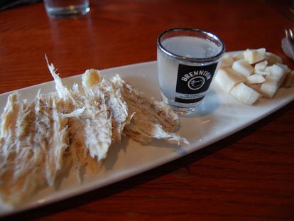 A serving of fermented shark meat in Iceland.
