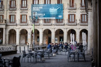 Outdoor seating at a bar in Vitoria, in the Basque Country, where food and drink establishments will be able to reopen. 