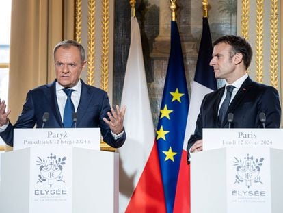 French President Emmanuel Macron and Polish Prime Minister Donald Tusk deliver a statement to the media as part of their meeting at Elysee Palace, Paris, France, February 12, 2024.