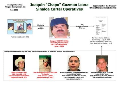 A diagram drawn up the US Treasury Department, depicting the various members of El Chapo Guzmán’s crime family, circa 2012.