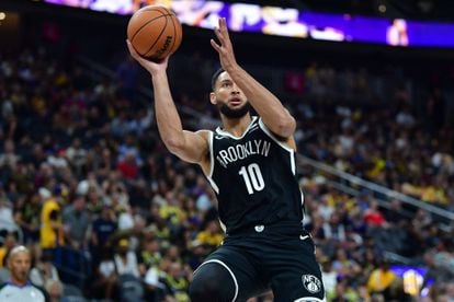 Brooklyn Nets guard Ben Simmons (10) shoots against the Los Angeles Lakers on Oct. 9, 2023, in Las Vegas, Nevada.
