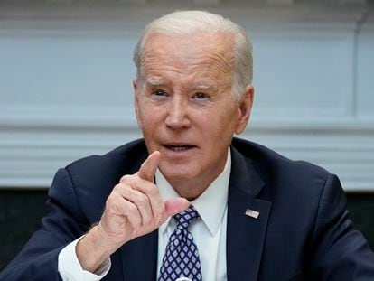 President Joe Biden speaks during a meeting with his "Investing in America Cabinet," in the Roosevelt Room of the White House, Friday, May 5, 2023, in Washington.