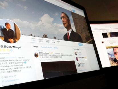A Twitter page of Chinese exiled businessman Guo Wengui is seen on a computer screen in Beijing, in August 2017.