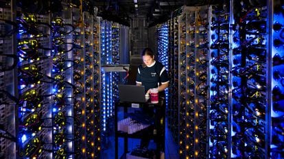 An operator performs work at the Google data center in The Dalles, Oregon.