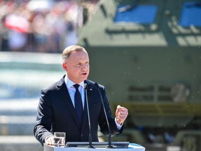 Polish President Andrzej Duda speaks at the military parade during the Polish Armed Forces Day in Warsaw, Poland, on August 15, 2023.
