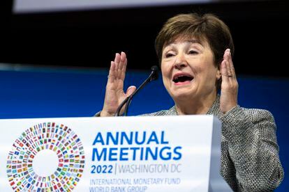 International Monetary Fund Managing Director Kristalina Georgieva speaks during the 2022 annual meeting of the International Monetary Fund and the World Bank Group, in Washington.