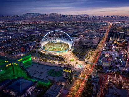In this rendering released by the Oakland Athletics, Friday, May 26, 2023, is a view of their proposed new ballpark at the Tropicana site in Las Vegas.