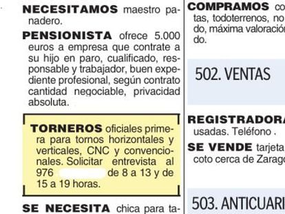 “Pensioner offers €5,000 to company that will hire his unemployed son:” The ad as it ran in ‘El Heraldo de Aragón.’