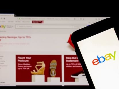 The eBay logo is pictured on a phone screen in this photo illustration in New York, U.S., July 23, 2019.