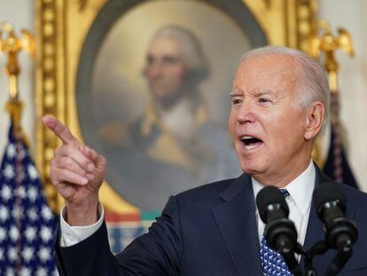 U.S. President Joe Biden gestures as he delivers remarks at the White House in Washington, U.S., February 8, 2024.