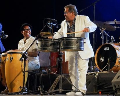 Percussionists Pedrito Martínez, left, and Giosvanni Hidalgo, during a performance at the Jazz Plaza Festival last week.