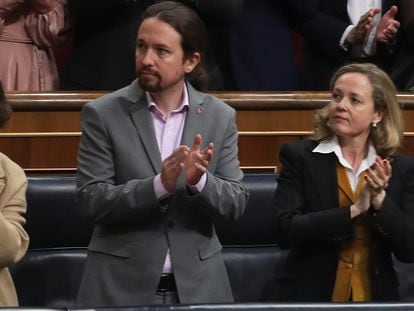 Unidas Podemos leader Pablo Iglesias and Finance Minister Nadia Calviño in Congress in February.