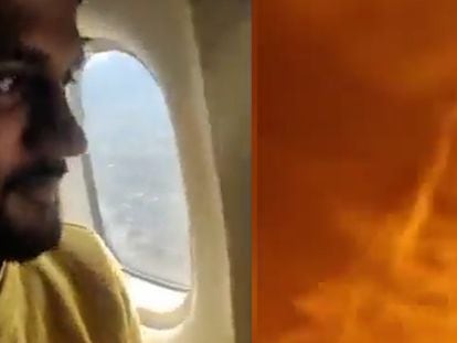 A passenger (l) on the aircraft before it is engulfed in flames.
