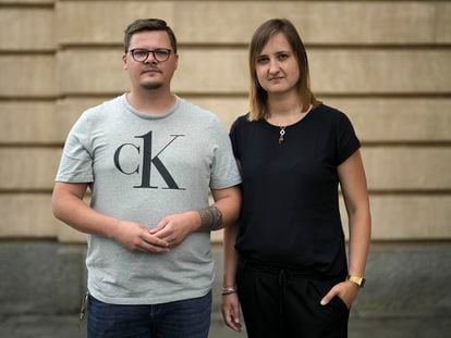 Teachers Laura Nickel, right, and Max Teske pose for a photograph after an interview with The Associated Press in Cottbus, Germany, Wednesday, July 19, 2023.