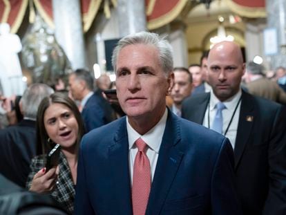 Speaker of the House Kevin McCarthy, R-Calif., leaves the House Chamber after President Joe Biden's State of the Union address to a joint session of Congress at the Capitol, Feb. 7, 2023, in Washington.