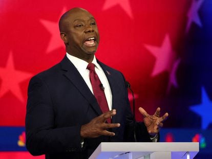 U.S. Senator Tim Scott (R-SC) speaks at the third Republican candidates' U.S. presidential debate at the Adrienne Arsht Center for the Performing Arts in Miami, Florida, November 8, 2023.