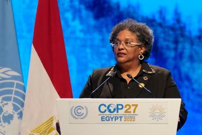 Mia Mottley, prime minister of Barbados, speaks at the COP27 U.N. Climate Summit, Nov. 8, 2022, in Sharm el-Sheikh, Egypt