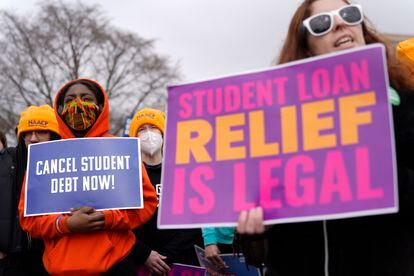 Student debt relief advocates gather outside the Supreme Court on Capitol Hill in Washington, on Tuesday, February 28, 2023.