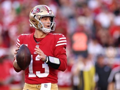Brock Purdy, quarterback of the San Francisco 49ers, in action during the National Conference finals, against the Detroit Lions.