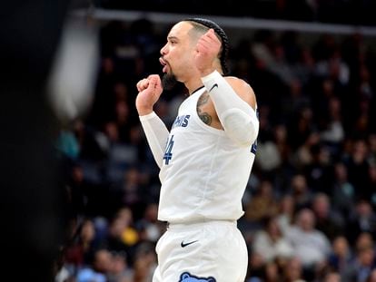 Memphis Grizzlies forward Dillon Brooks (24) gestures toward Dallas Mavericks players in the second half of an NBA basketball game Monday, March 20, 2023, in Memphis, Tenn.