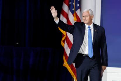 Mike Pence, the former U.S. vice president, bids farewell to the Republican Jewish Coalition after announcing he is dropping out of the race for president.