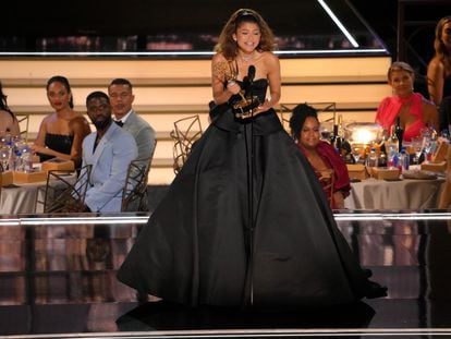 Zendaya accepts her second Emmy for Outstanding Lead Actress in Drama for 'Euphoria' in September 2022 in Los Angeles, California.