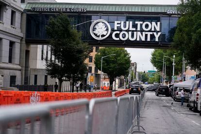 Barricades are seen near the Fulton County courthouse, Monday, Aug. 7, 2023, in Atlanta