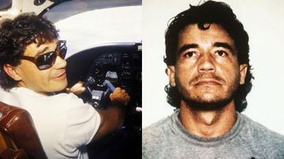 On the left, Carlos Lehder is seen flying an aircraft. On the right, he is pictured in the United States, following his extradition from Colombia.