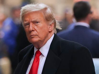 Former president Donald Trump arrives for a press conference at 40 Wall Street after a pre-trial hearing at Manhattan criminal court, Monday, March 25, 2024, in New York.