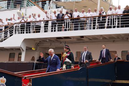 King Charles III visits the Royal Yacht Britannia on July 3, 2023, in Edinburgh, Scotland.
