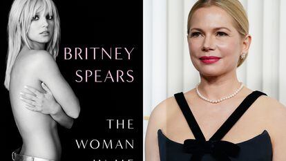 The cover of Britney Spears' autobiographical book, 'The Woman In Me' and Michelle Williams in a photographic composition.
