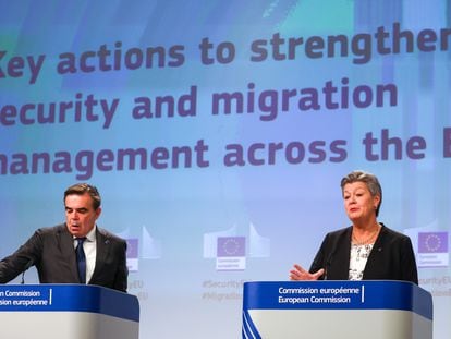 European Commission Vice-President for Promoting the European Way of Life Margaritis Schinas (L) and European Commissioner for Home Affairs Ylva Johansson give a press conference on key actions to strengthen security and migration management across the EU, in Brussels, Belgium, 18 October 2023.