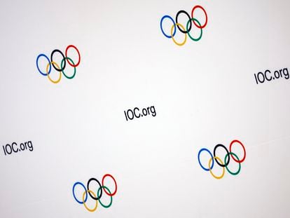 Olympic logos are seen before a press conference of the IOC Executive Board meeting. Paris, France. November 29, 2023.
