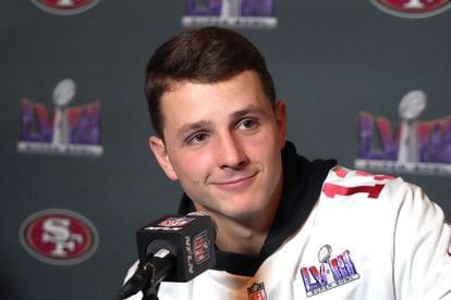 Brock Purdy during the press conference prior to the Super Bowl.