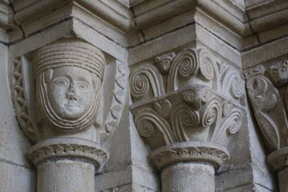 A noble lady's face decorating a church in the Basque town of Otazu.