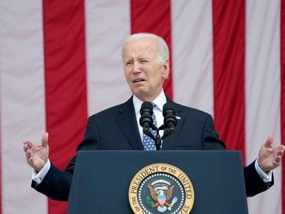 President Joe Biden speaks at the Memorial Amphitheater of Arlington National Cemetery in Arlington, Virginia, on Memorial Day, on May 29, 2023.