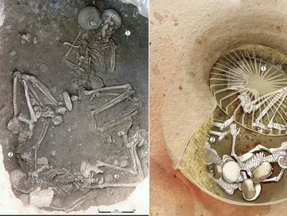 On the left, the bodies of the three women as they were found. On the right, a drawing of what the silo was like, with the detail of the two sacrifices imprisoned by grinding stones.