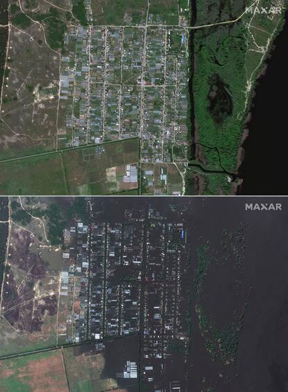 En la foto de arriba, imagen satélite de la ciudad de Korsunka, el 15 de mayo. Abajo, la misma zona inundada  este miércoles. 