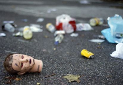 Some of the trash left behind by partygoers outside the Halloween venue, Madrid Arena.