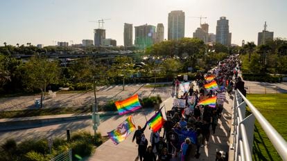 Marchers make their way toward the St. Pete Pier in St. Petersburg, Fla., on March 12, 2022, during a march to protest the controversial "Don't say gay" bill passed by Florida's Republican-led legislature.