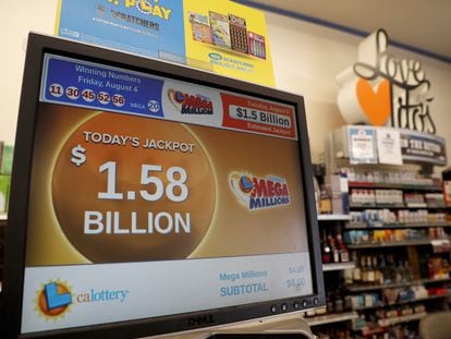 A digital display shows the largest Mega Millions lottery jackpot of $1.5 Billion at a doughnut shop in Oakland, California, USA, 08 August 2023.