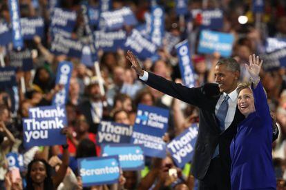 Barack Obama and Hillary Clinton work the crowd in Philadelphia.