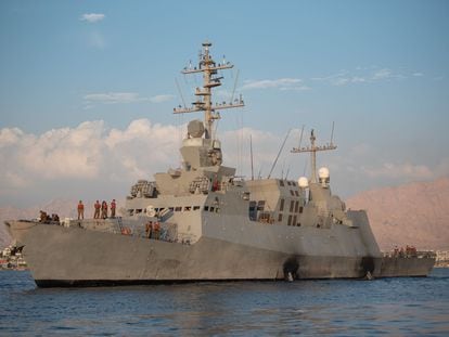 A view of Israeli warship after the Israeli army has officially announced the deployment of missile ships at the Red Sea on November 1, 2023.