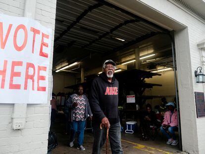 A voter is seen exiting a polling station at the Selma Fire Station on Super Tuesday in Selma, Alabama, in 2020.
