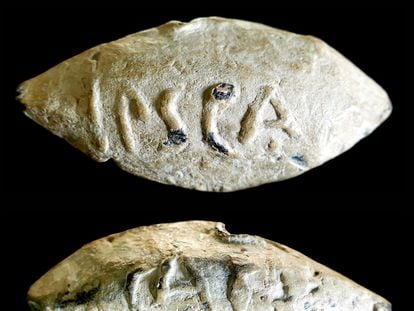 Projectile with the inscriptions "Ipsca" and "Caesar" found in Montilla, Spain.